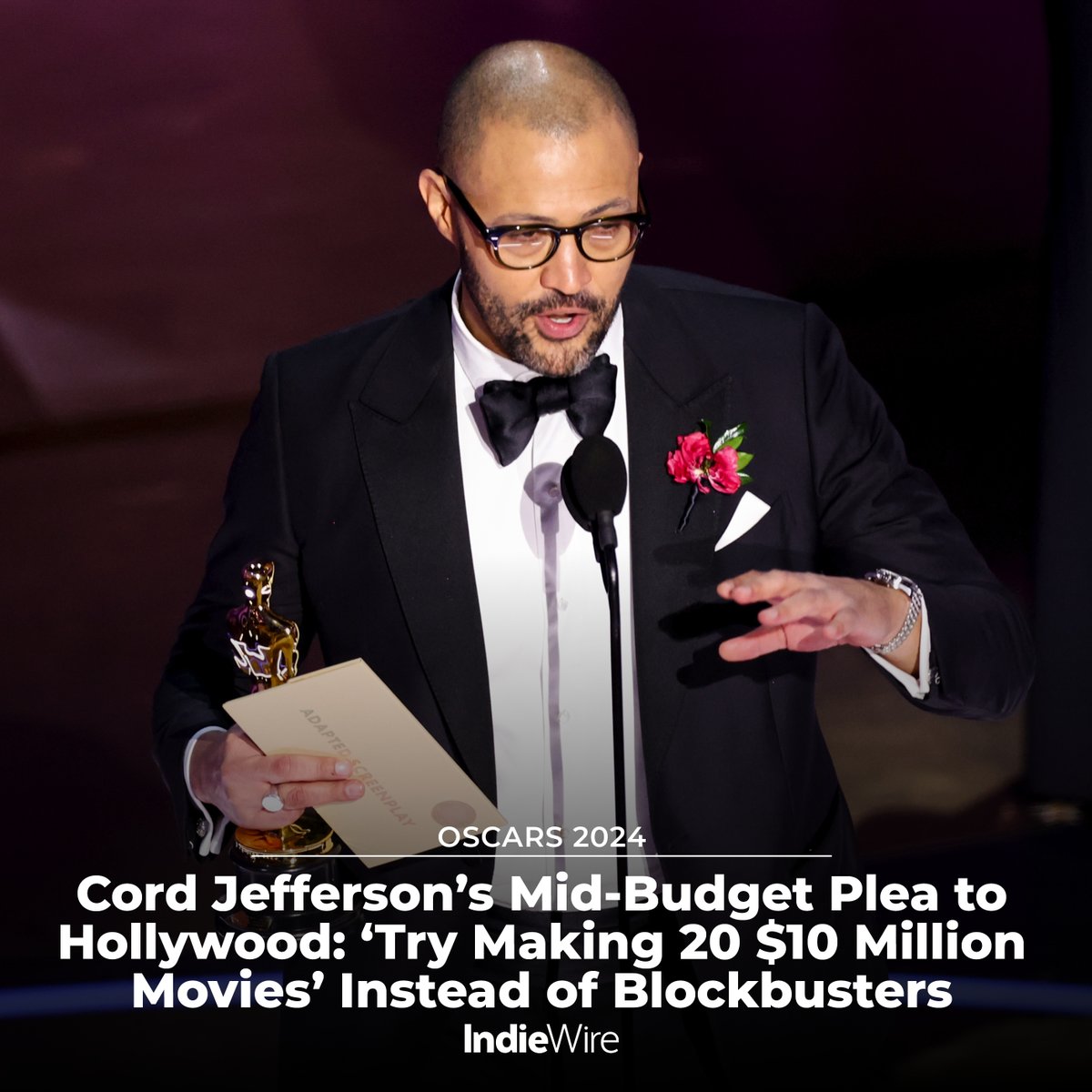 #Oscars: Cord Jefferson is calling on Hollywood to take more “risks” when it comes to low- and mid-budget films. 'Instead of making one $200 million movie, try making 20 $10 million movies. Or 50 $4 million movies.” trib.al/oV6GRSn