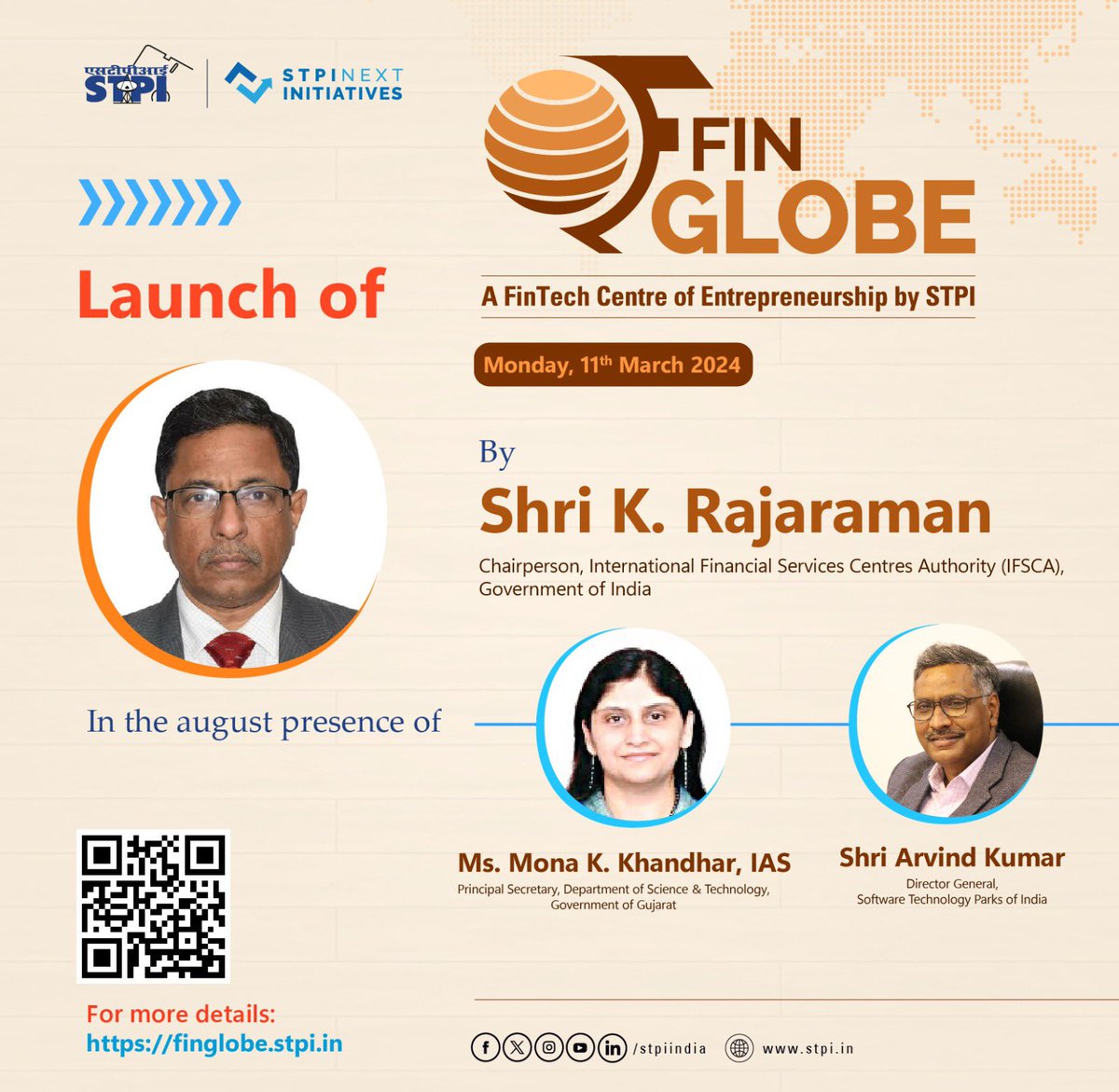 Shri K Rajaraman, Chairperson, @IFSCA_Official will launch STPI’s FinGlobe, a new CoE in #FinTech domain, in #Gandhinagar along with other esteemed dignitaries. 🗓️11/03/2024 🕙 10am 🔗 bit.ly/stpi-finglobe-… @monakhandhar @arvindtw