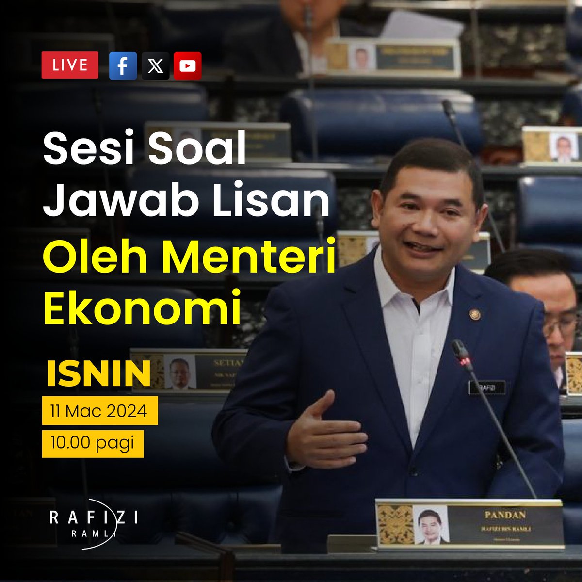 rafiziramli's tweet photo. Untuk sesi Soal Jawab Lisan yang dijadualkan hari ini di Parlimen, 11 Mac 2024, saya dijadualkan akan menjawab 3 soalan daripada Ahli Parlimen Larut, Temerloh dan Paya Besar. 

YB Larut bertanyakan kaedah serta pendekatan baharu yang menepati ciri status pembangunan dan sosioekonomi tempatan bagi meningkatkan penguasaan ekonomi Bumiputera khususnya dalam segmen ekonomi baharu.

YB Temerloh pula mengemukakan soalan berkenaan kayu ukur untuk membuktikan pertumbuhan mampan negara dan juga kejatuhan nilai mata wang ringgit. 

Akhir sekali, soalan Paya Besar berkenaan langkah merancakkan kembali ekonomi dan sasaran pertumbuhan ekonomi negara. 

Sesi ini akan disiarkan secara langsung di semua platform media sosial saya dan saya dijangka menjawab sekitar jam 10 pagi. Saya jemput semua untuk ikuti.