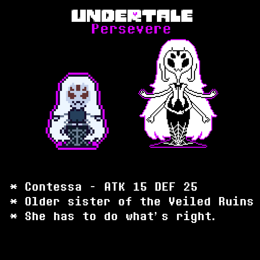 UTPersevere's tweet image. * Meet the FIRST boss of #UndertalePersevere !
* Contessa is a spider monster and the head of the Veiled Ruins.
* She must persevere for a new home in Hotland. 
* The fate of her family rests on her shoulders.

#undertale