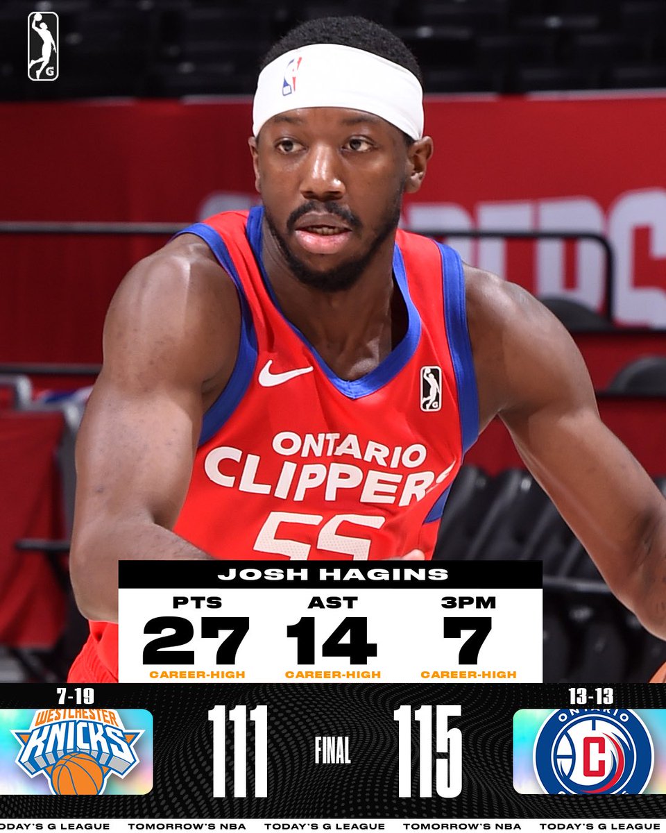 @GLeagueWarriors @greensboroswarm @austin_spurs @LongIslandNets @StocktonKings Josh Hagins had himself a career night as he led the @OntClippers to a hard-earned victory at home against Westchester. 💪 Brooks: 23 PTS, 4 REB, 5 3PM 💪 Williams: 21 PTS, 12 REB 💪 Diabate: 10 PTS, 18 REB, 5 AST, 3 BLK