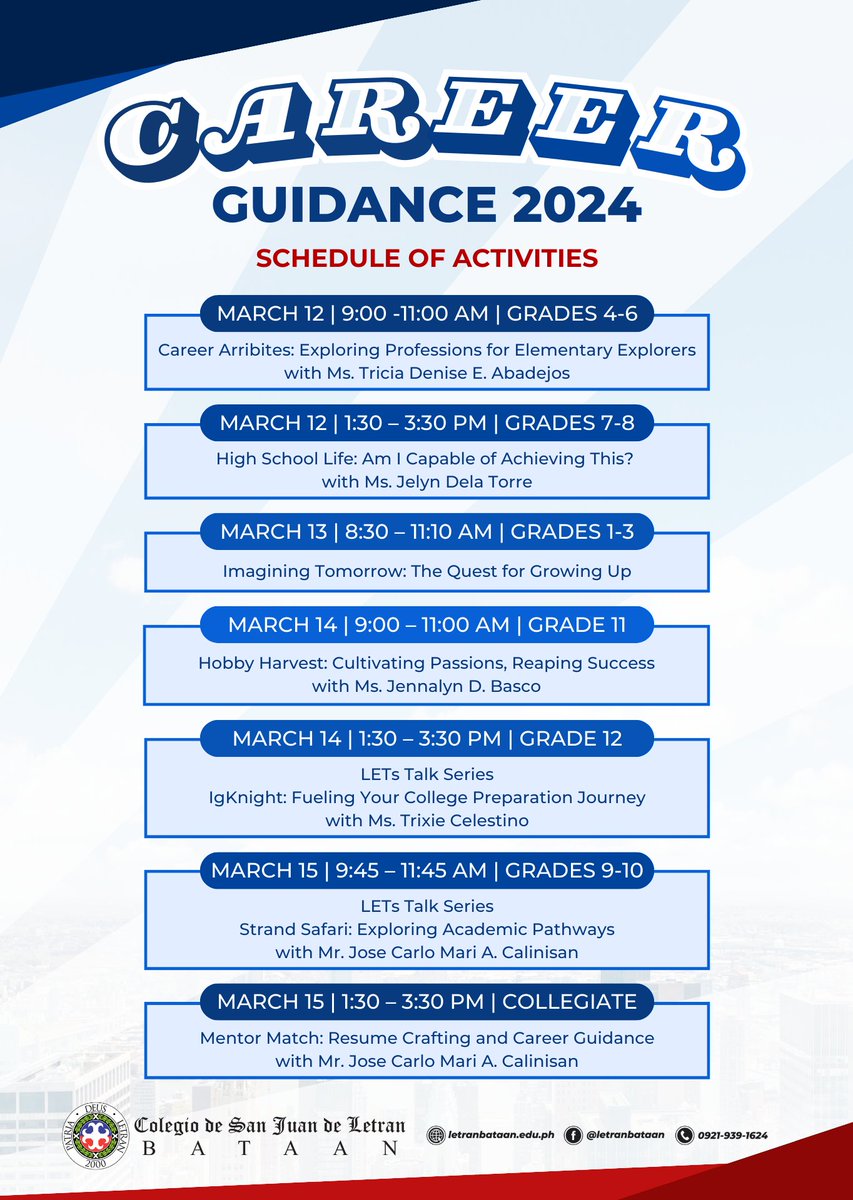 Letranites, join us for the Career Guidance 2024 celebration from March 12-15, 2024! Explore various career paths, gain insights from industry experts, and chart your course toward a successful future. Arriba!