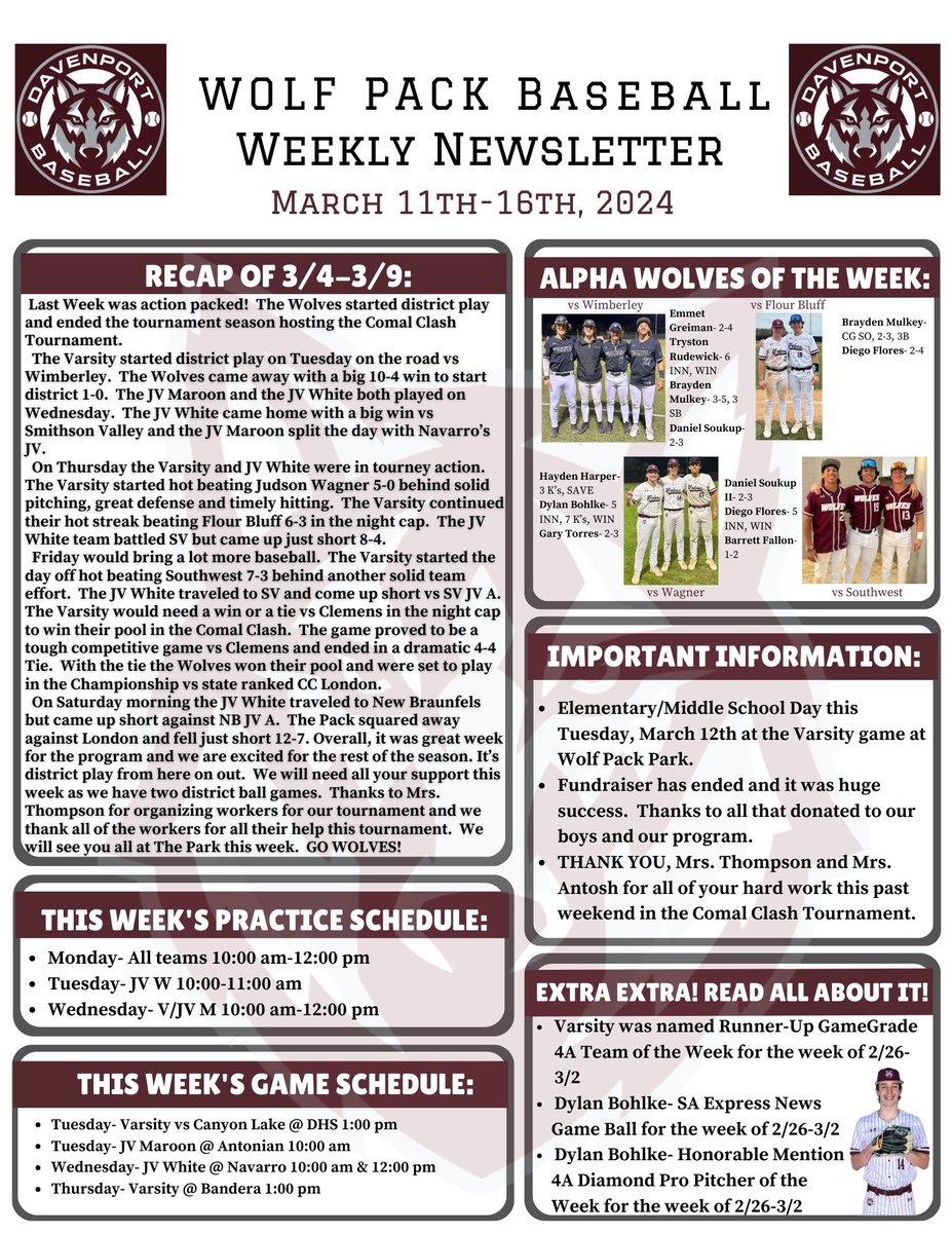 Wolf Pack Baseball Weekly Newsletter week of 3/11 @BuildThePack @DavenportWolves @BMar1842 @cisdnews @jdzimmerhanzel @K_Gottardy12 @ReddingWeston @GoingAllday