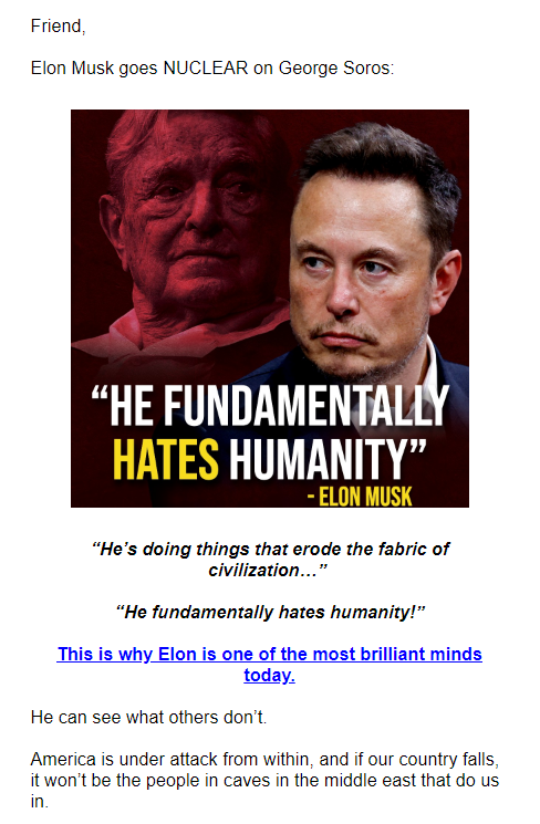RepublicanMail's tweet image. Email from @1776ProjectPac featuring @elonmusk and @georgesoros 

links to secure.winred.com/1776-project-p…