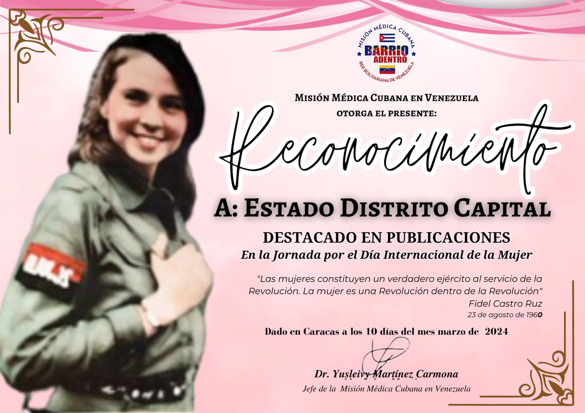 El Consejo de Dirección de la Misión Médica Cubana en Venezuela otorga el siguiente reconocimiento a las cuentas que resultaron destacadas en las publicaciones durante la la intensa jornada dedicada al Día Internacional de la Mujer.
#MujeresEnRevolución
#CubaPorLaVida