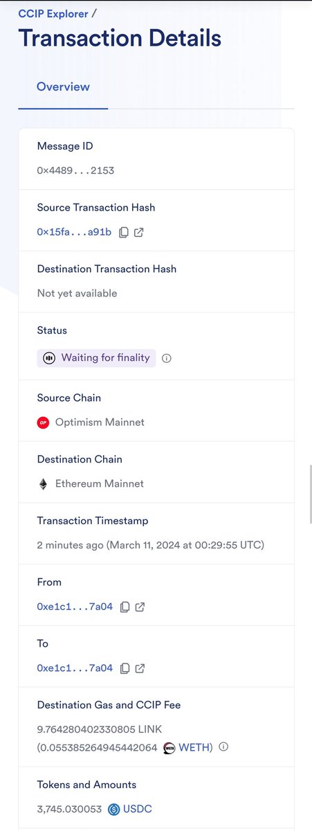 cnlinkcnlink's tweet image. CCIP mainnet general access will change everything. 9.7+ $LINK fee for 1 transaction. Token is very much needed. ccip.chain.link/msg/0x44890190…