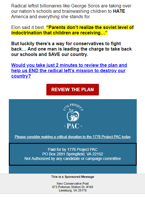 RepublicanMail's tweet image. Email from @1776ProjectPac featuring @elonmusk and @georgesoros 

links to secure.winred.com/1776-project-p…