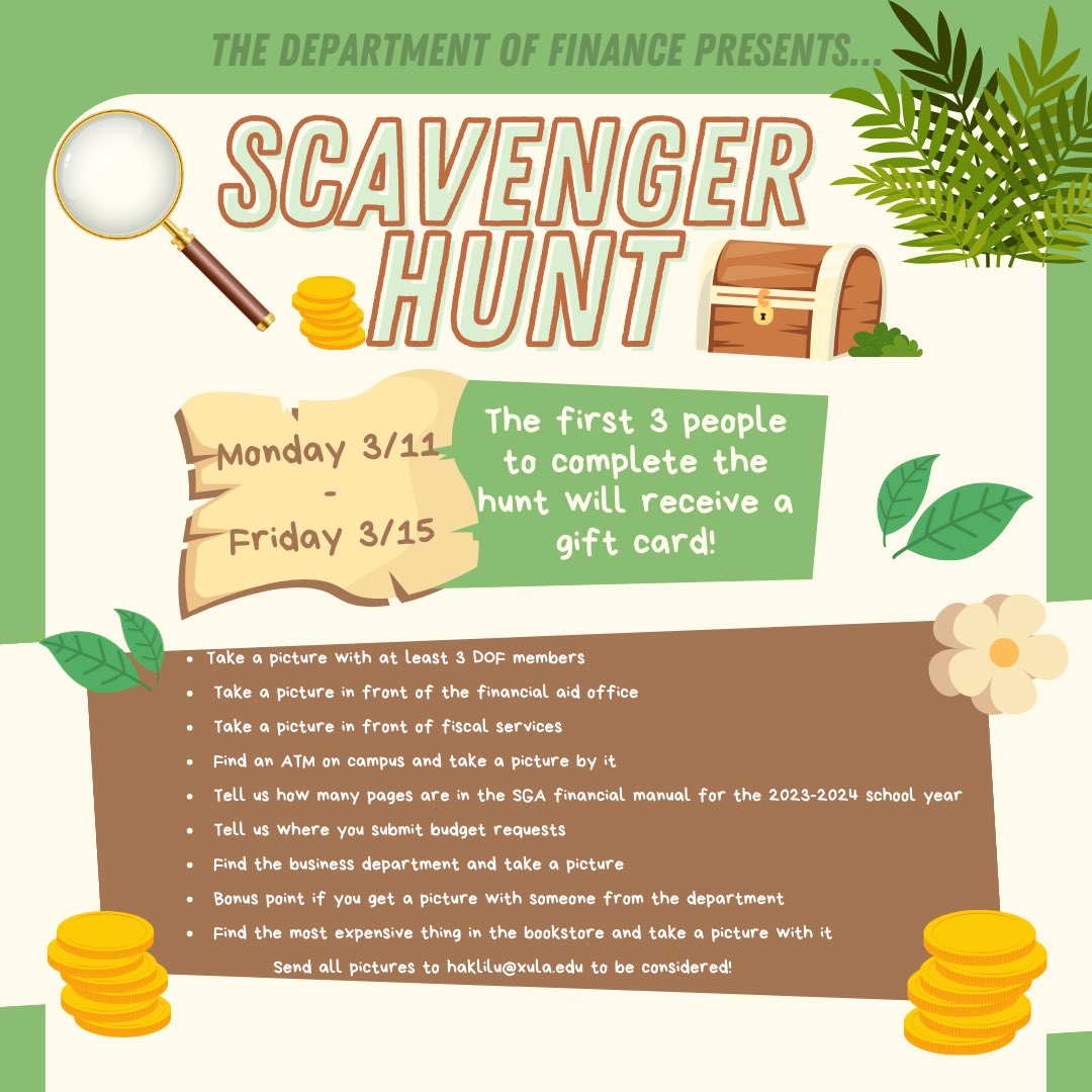XULA SGA (@xulasga) on Twitter photo Tomorrow marks the official start of DOF Week! Join the Department of Finance for a virtual scavenger hunt! Be sure to send all your pictures to haklilu@xula.edu to be considered! #TruthAdmin #XULA Tomorrow marks the official start of DOF Week! Join the Department of Finance for a virtual scavenger hunt! Be sure to send all your pictures to haklilu@xula.edu to be considered! #TruthAdmin #XULA