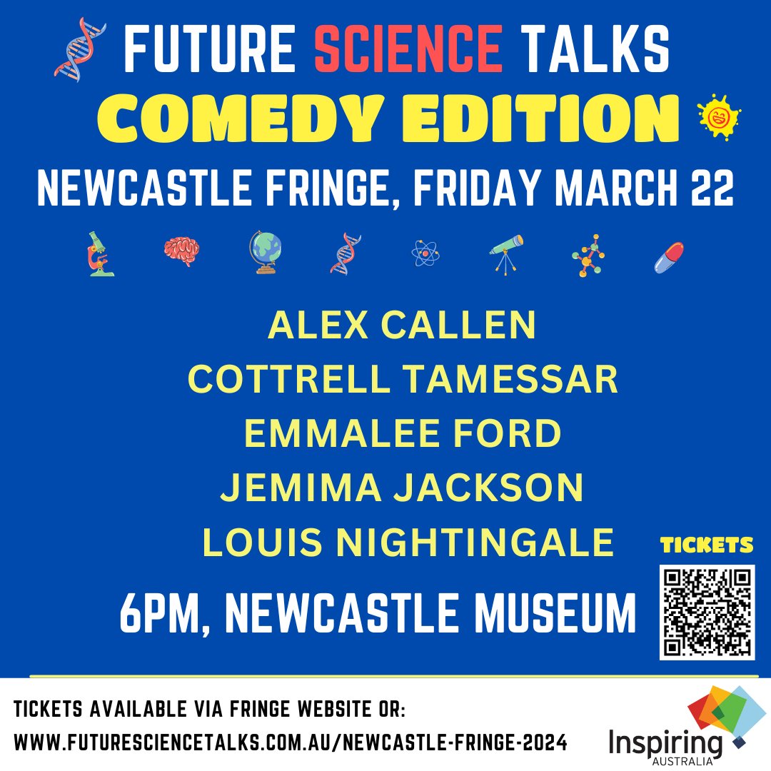 Future Science Talks (@sciencetalksau) on Twitter photo So excited for #sciencecomedy at <a href="/Newyfringe/">Newcastle Fringe</a> next week!
Don't miss <a href="/dr_callen/">Dr Alex Callen</a> <a href="/CTamessar/">Cottrell Tamessar (She/They)</a> <a href="/EmmaOolemma/">Dr Emmalee Ford</a> #jemimajackson & <a href="/LouisNightinga3/">Louis Nightingale</a> on Friday 22 March! 🔥🧬
We cannot wait to see these <a href="/Uni_Newcastle/">University of Newcastle</a> researchers at the #newcastlemuseum
Tickets: newcastlefringe.com.au/events/future-… So excited for #sciencecomedy at <a href="/Newyfringe/">Newcastle Fringe</a> next week!
Don't miss <a href="/dr_callen/">Dr Alex Callen</a> <a href="/CTamessar/">Cottrell Tamessar (She/They)</a> <a href="/EmmaOolemma/">Dr Emmalee Ford</a> #jemimajackson & <a href="/LouisNightinga3/">Louis Nightingale</a> on Friday 22 March! 🔥🧬
We cannot wait to see these <a href="/Uni_Newcastle/">University of Newcastle</a> researchers at the #newcastlemuseum
Tickets: newcastlefringe.com.au/events/future-…