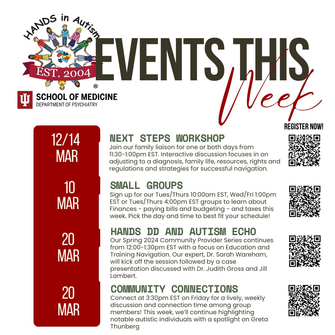 HANDSinAutism's tweet photo. Check out #HANDSinAutism virtual events this week! Register via each individual QR code. 🤳📸🙌🏼#HANDSTraining #HANDSECHO #HANDSPreETS
@ProjectECHO @IndianaVR @FSSAIndiana @IUMedSchool @RileyChildrens @RileyKids @IU_Health @IUPUI @IUImpact https://t.co/ghOPfLv4Rs