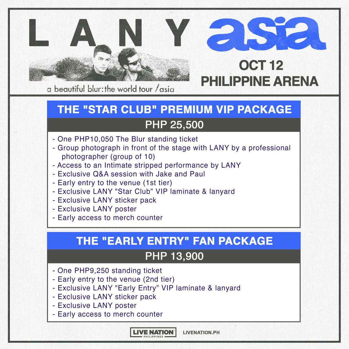 livenationph's tweet photo. Reminder LANY Fans! Artist Presale starts TODAY at 10AM until tomorrow at 11:59PM 🌹

LANY - a beautiful blur: the world tour
📆October 12, 2024
📍Philippine Arena

📆 October 13, 2024
📍 Waterfront Cebu City Hotel & Casino

For more info, go to https://t.co/X9fsqVWjko.

#LANYabeautifulblurPH