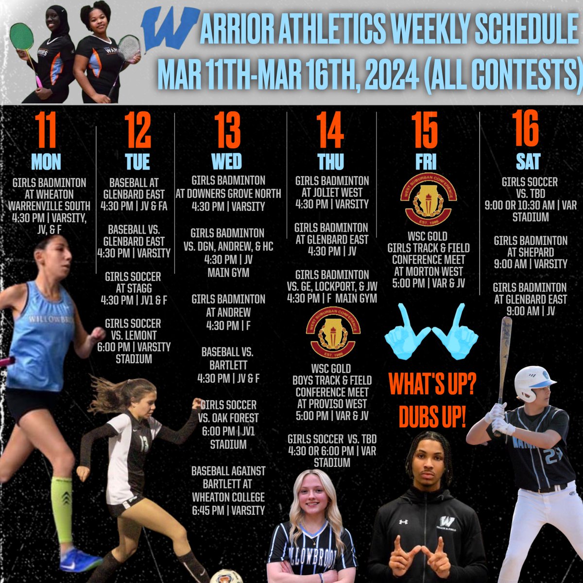 Willowbrook Athletics (@wb_athletics) on Twitter photo Willowbrook Athletics Schedule Showcase! Highlighting the contests and special events that we have occurring both on campus & offsite for the week of 3/11/24. We look forward to seeing you all at the courts, fields, and track & field facilities this week! #DubsUp <a href="/dkrausewb/">Dan Krause</a> Willowbrook Athletics Schedule Showcase! Highlighting the contests and special events that we have occurring both on campus & offsite for the week of 3/11/24. We look forward to seeing you all at the courts, fields, and track & field facilities this week! #DubsUp <a href="/dkrausewb/">Dan Krause</a>