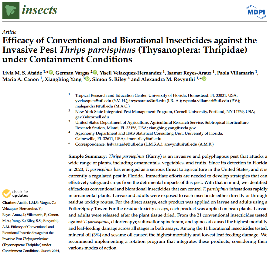 Insects_MDPI's tweet image. #insects Paper Published  
📚Efficacy of #Conventional and #Biorational #Insecticides against the #Invasive #Pest #Thrips parvispinus (#Thysanoptera: #Thripidae) under Containment Conditions

by Livia M. S. Ataide et al.
📷mdpi.com/2075-4450/15/1…
#chemicalcontrol #IPM #pest