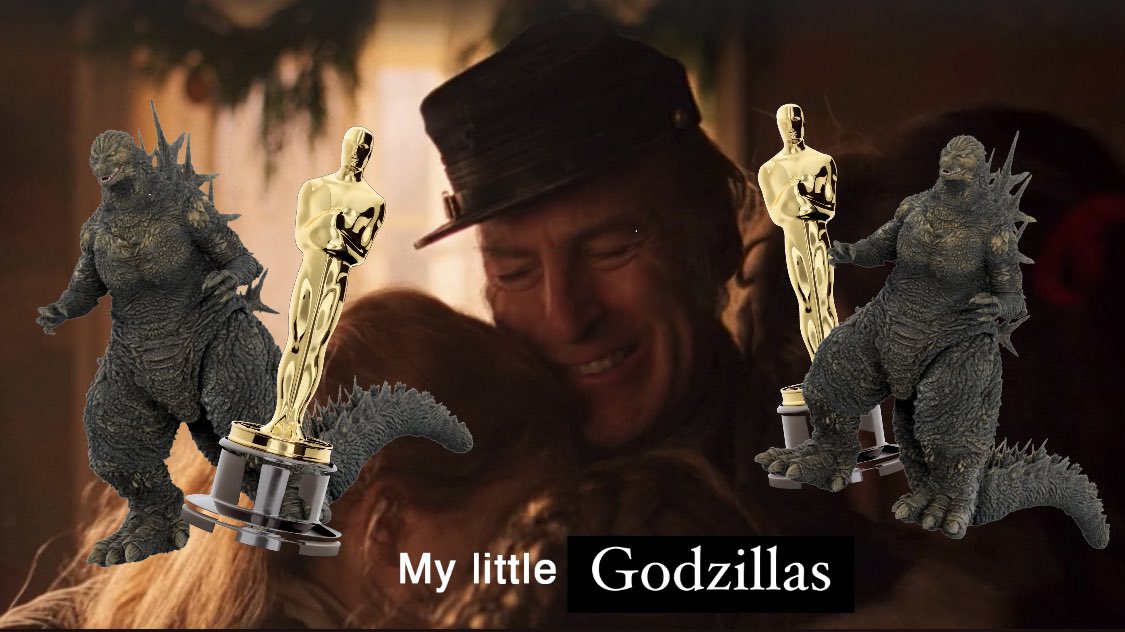 conor_holt's tweet photo. The GODZILLA MINUS ONE team on the stage juggling their Oscars &amp; Godzillas #Oscars https://t.co/5D0yix3kQQ