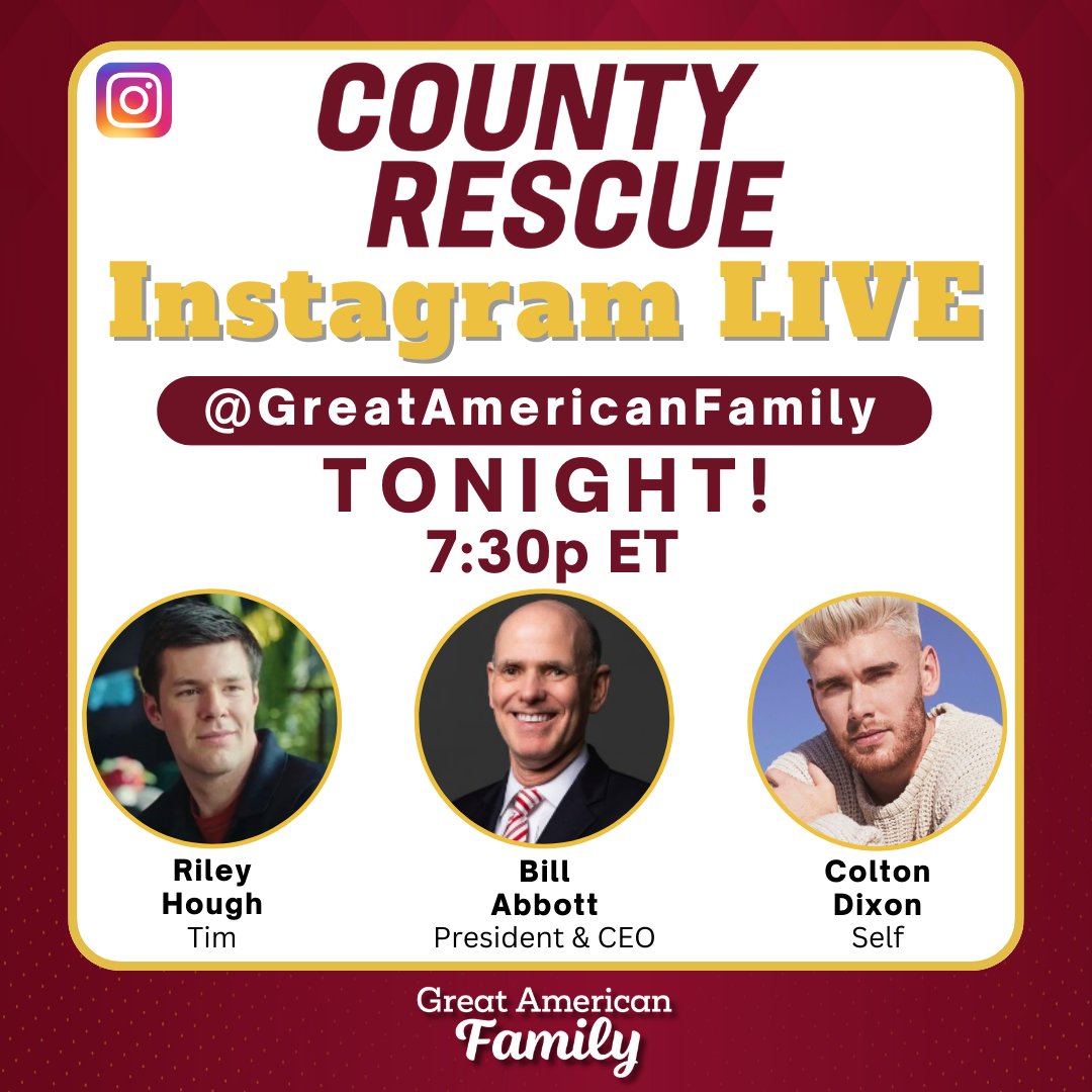 🚨 REMINDER!! 🚨
Our #CountyRescue Instagram Live Pre-Show Q&A with musical artist @ColtonDixon & actor #RileyHough (Tim) and #GreatAmericanFamily President & CEO @billabbottHC STARTS at 7:30p ET!

Immediately following, watch the new episode on @GAfamilyTV at 8p ET!