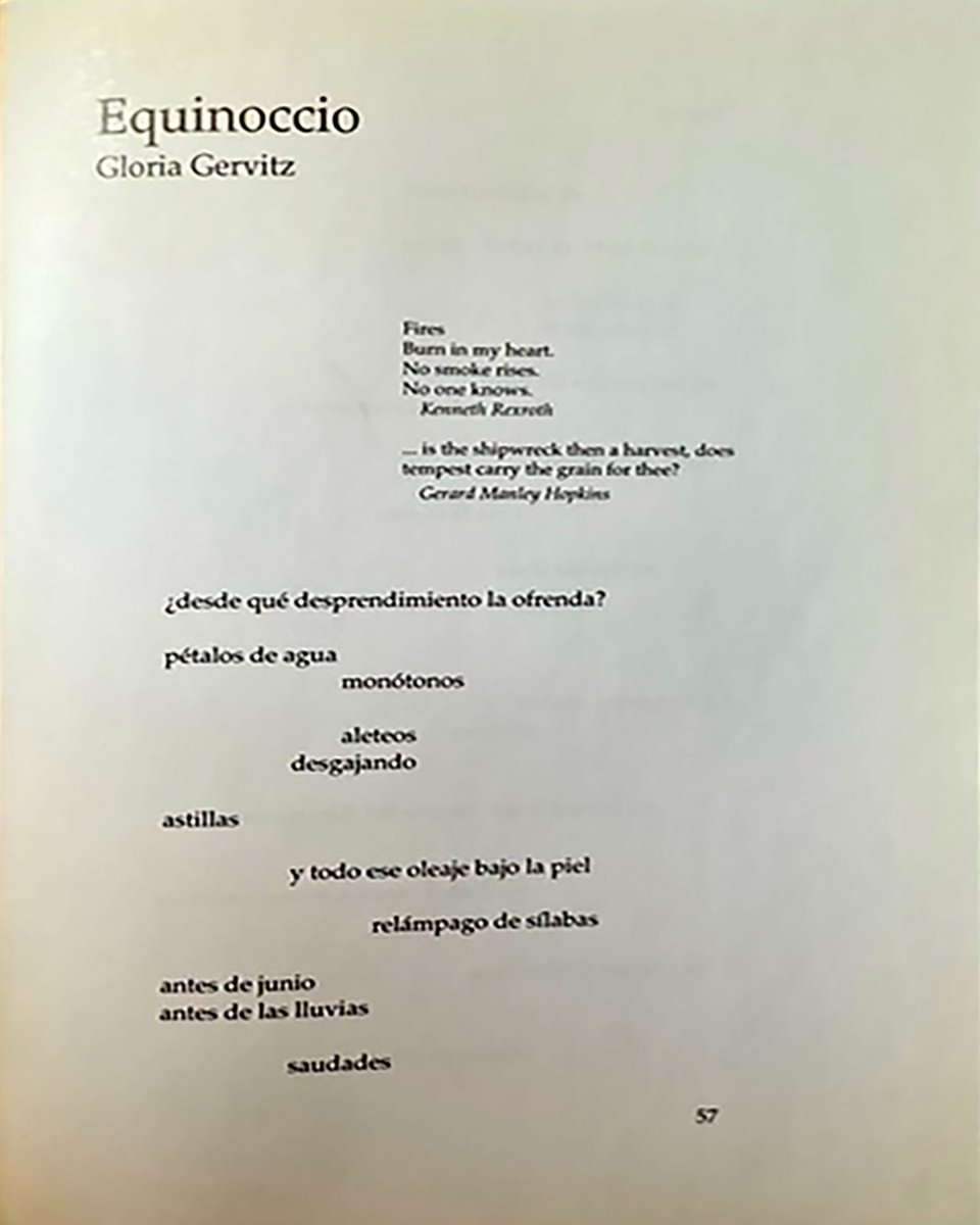 #MujeresYRevistas
“Equinoccio”, de Gloria Gervtiz (1943-2022), es un poema que fue publicado en el número 22 (verano, 1996) de 𝘗𝘰𝘦𝘴í𝘢 𝘺 𝘗𝘰é𝘵𝘪𝘤𝘢, la revista dirigida por Hugo Gola. Aquí puedes seguir leyendo bibliotecavirtual.unl.edu.ar:8443/handle/11185/2…