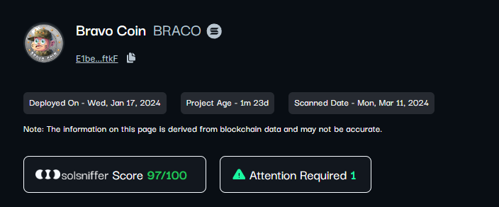 sol_bravo_coin's tweet photo. @solanasniffer score 97/100 

We would be 100/100 but we still very low mcap so they take score out for low liquidity

$BRACO #Solana #SolanaMemecoin #memecoin #x1000 https://t.co/VfMmyrjYEi