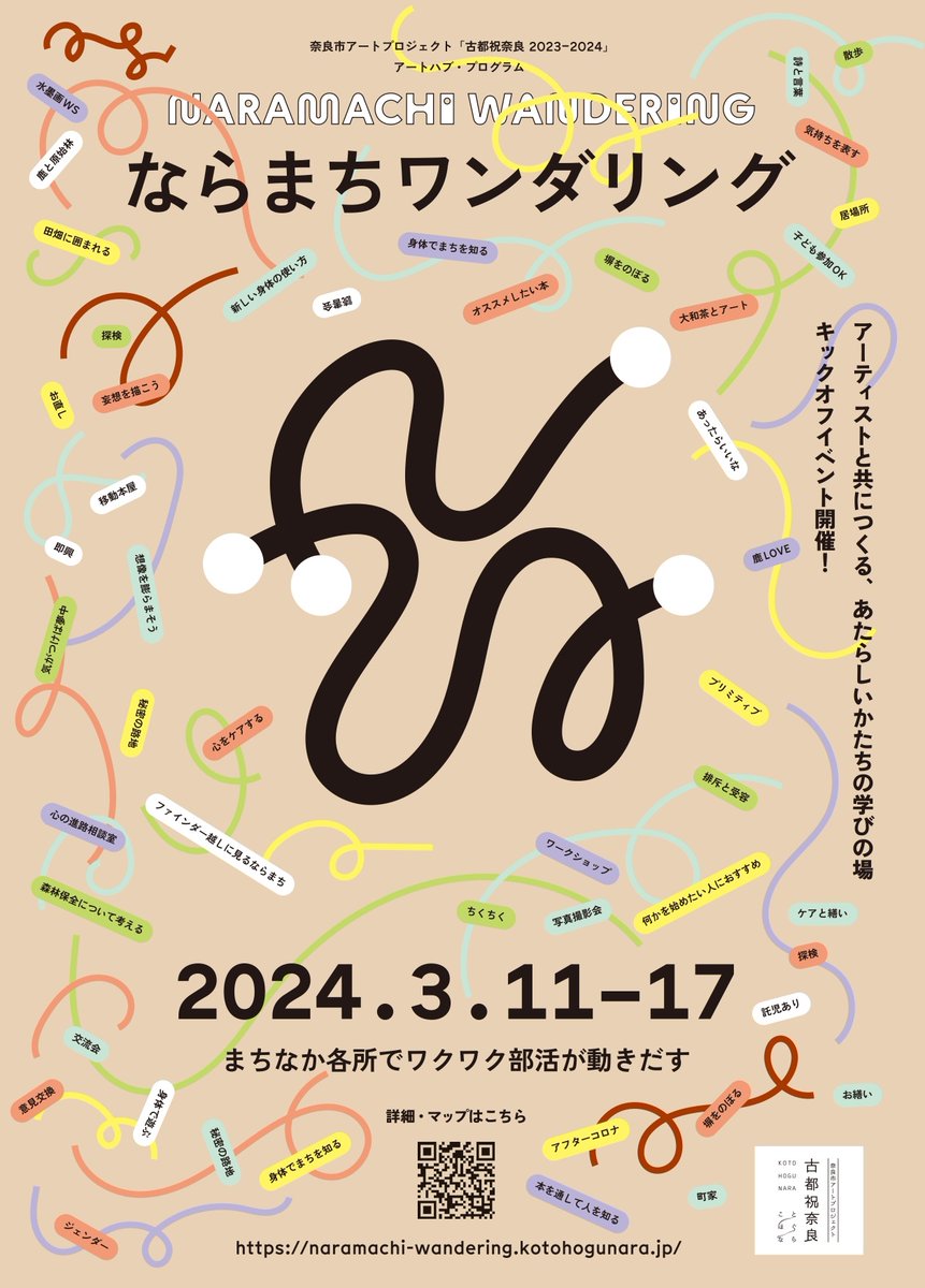 ＼まちなか各所でワクワク部活が動きだす！／

アーティストと共につくるあたらしいかたちの学びの場
#ならまちワンダリング キックオフイベント開催中！

2024.3/11(月)–17(日) 10:00–17:00
総合information：BONCHI（<a href="/bonchi/">bonchi</a>.nara）
特設WEB：naramachi-wandering.kotohogunara.jp

#古都祝奈良 #oldnewnara