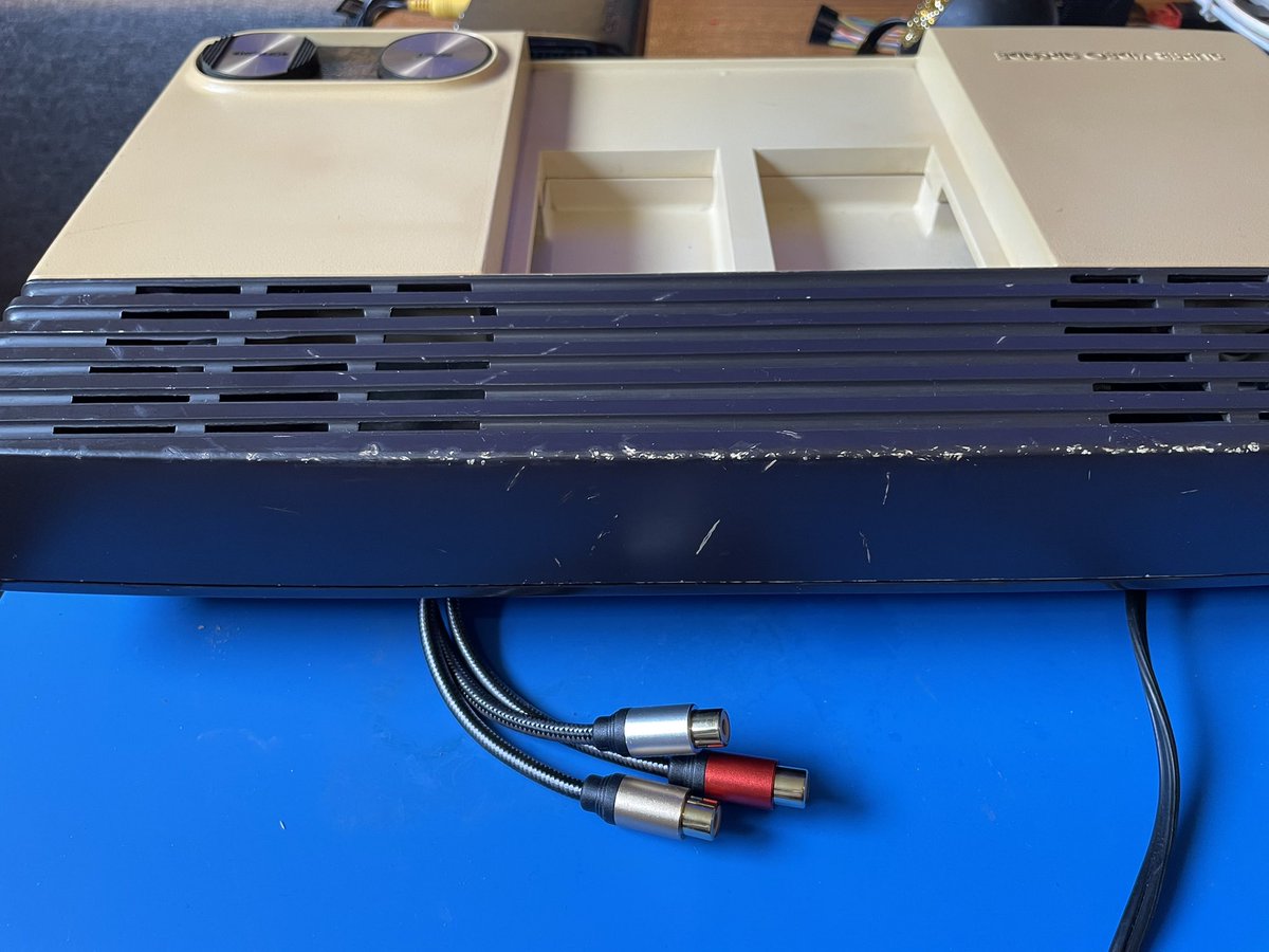 congobongo2112's tweet photo. Did a quick composite mod on this Sears Intellivision I picked up this week. Was able to do it with parts on hand. Opted to add a tail rather than drill this somewhat rare case. Next up, caps. https://t.co/42vqkFOmZq
