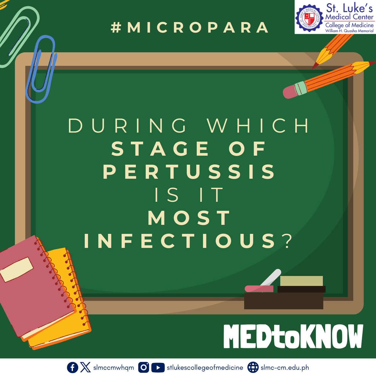 slmccmwhqm's tweet photo. #𝐌𝐄𝐃𝐭𝐨𝐊𝐍𝐎𝐖
#MicroPara
Q: During which stage of Pertussis is it most infectious?
Swipe right ➡️ for the answer.
#SLMCCM https://t.co/p6nxzkMtHH