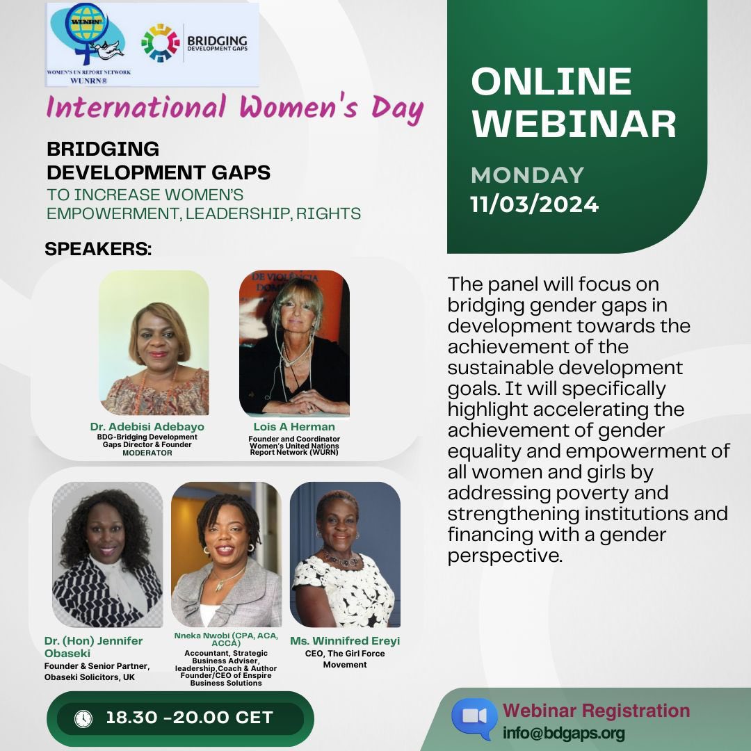 Bdgapsorg's tweet photo. Please join us tomorrow Monday 11th March at 17.00 CET/11am. EST 
as our expert panelists discuss the different aspects of bridging gender gaps in development towards increasing women's empowerment amidst the different challenges that continue to hinder the empowerment of women. https://t.co/ERRWTGdbeh