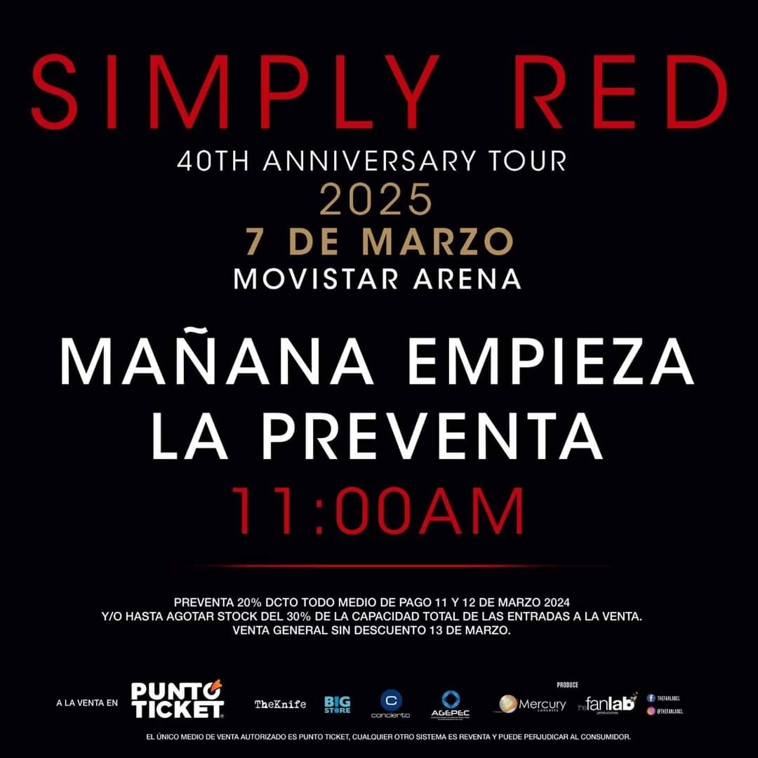 Activa tu alarma! ⏰️ Mañana lunes 11 de Marzo a las 11.00 hrs comienza la preventa para el regreso de @simplyredofficial a Chile! Recuerda que podrás obtener un 20% de descuento con todo medio de pago en @puntoticket puntoticket.com/simply-red