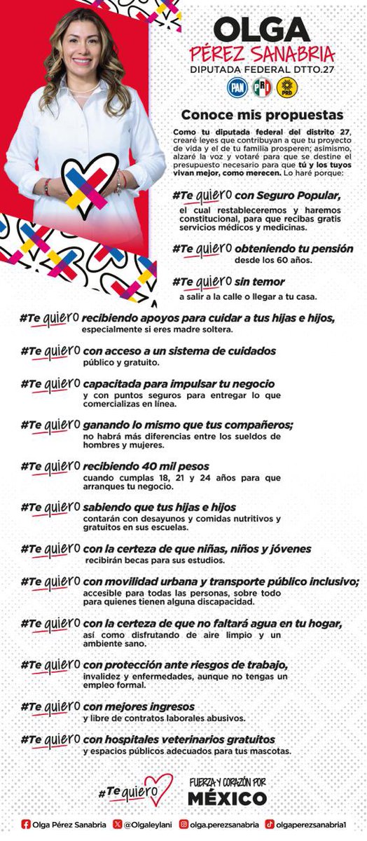 Olgaleylani's tweet photo. Quiero ser tu diputada federal porque #TeQuiero con más y mejores apoyos para ti y tu familia; te invito a conocer mis propuestas.
#Distrito27 #Calimaya #Chapultepec #Metepec #Mexicaltzingo #SanAntonioLaIsla #SanMateoAtenco
#VotaOlgaPérezSanabria #VotaPRI https://t.co/1zPuSgVWJE