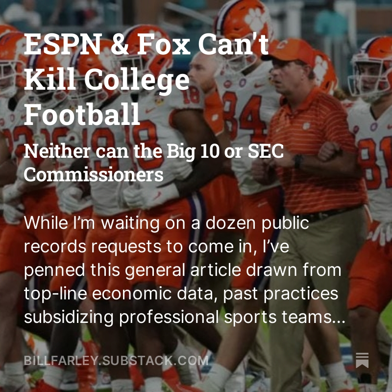 In this brief departure from posting public records, I explain how, based on my research and experience, small-market college football teams and their fans will survive the market manipulation of ESPN and Fox and the revenue grab by the SEC and Big 10 Commissioners.
  Full