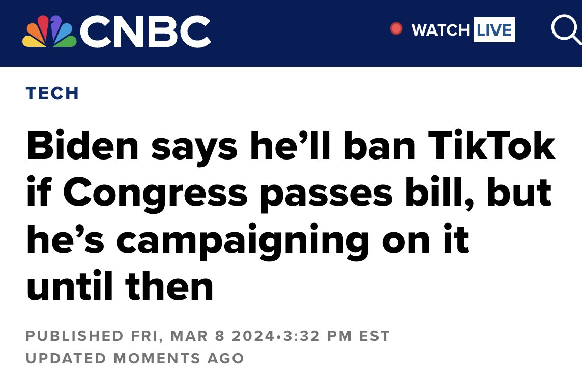 PushDemsLeft's tweet photo. A perfect microcosm of Biden's awfulness -

He could win back young voters by saying "The GOP wants to take TikTok/freedom of speech from you, but I won't let them!"

But instead he opts to block online advocacy for Gaza w/ some anti-Asian fear-mongering done very hypocritically. https://t.co/6VhAraSoFs