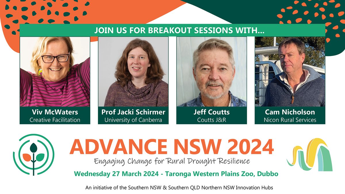 Share ideas and insights with @vivmcw, Prof. @JackiSchirmer, @JeffACoutts & CAM NICHOLSON in #AdvanceNSW breakout sessions.
#SNSWInnovationHub @SQNNSWHub #droughtresilience #FutureDroughtFund

REGISTER eventbrite.com.au/e/advance-nsw-…