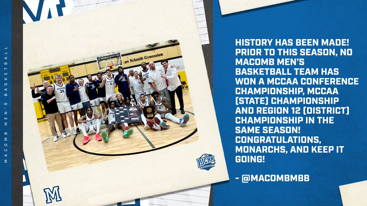 For the history buffs out there 📚🏆

For the first time in program history, <a href="/MacombMBB/">Macomb Men's Basketball</a> has won a MCCAA Conference Championship, a MCCAA (State) Championship and a Region 12 (District) Championship in the same season! Amazing!

Again we say ... this team is SPECIAL!

#GoMonarchs
