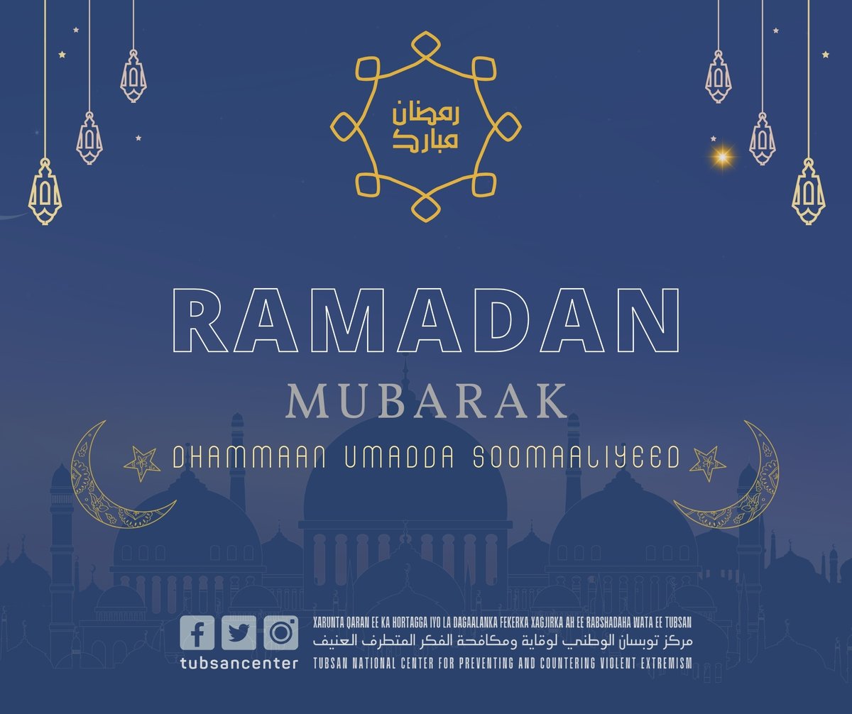 Ramadaan Mubarak dhammaan ummadda Muslimiinta ah, gaar ahaan Shacabka Soomaaliyeed, meel kasta oo ay ku noolyihiin. #XaruntaTubsan #TubsanCenter #Somalia #RamadanMubarak