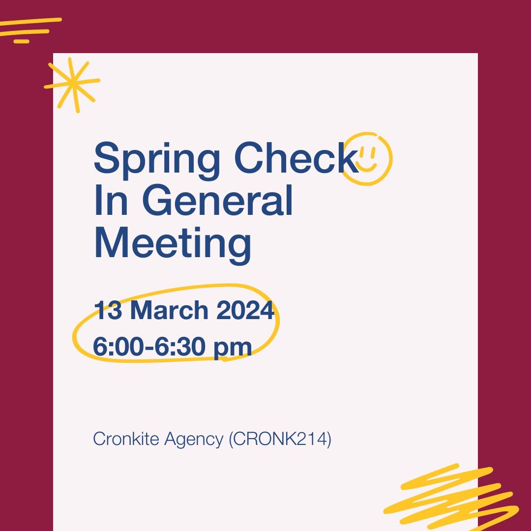 This Wednesday, we will be having a spring check-in general meeting in the Cronkite Agency from 6-6:30pm! 🤩

We will be covering:
📌 ICON 2024 
📌 PRSA Associate Membership Info for upcoming grads
📌 PRSSA National Scholarship info
📌 2024-2025 E-Board Introduction/Sneak Peak