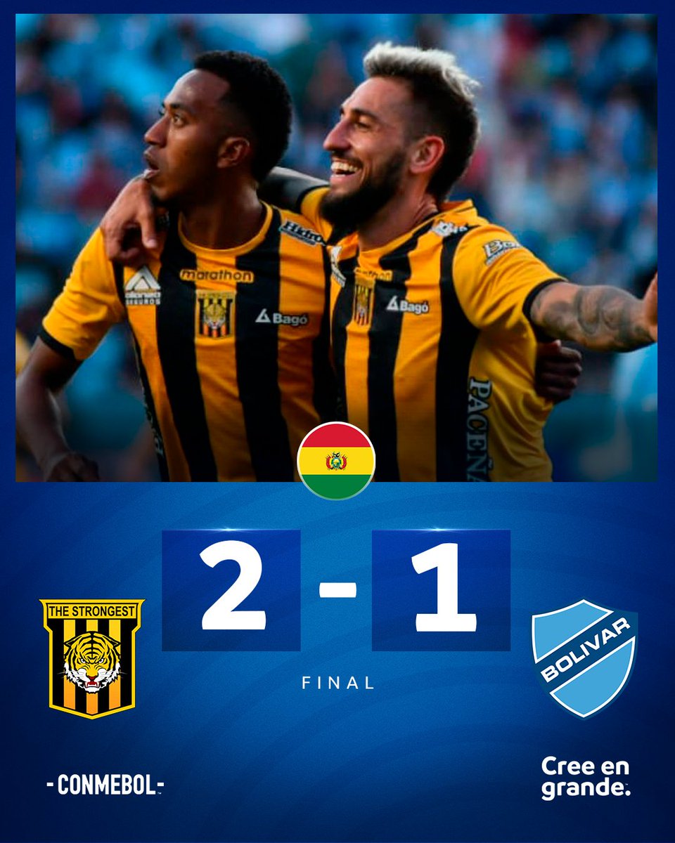 CONMEBOL's tweet photo. ¡Victoria de @ClubStrongest en el clásico! 🟡⚫️

El 'Tigre' derrotó a @Bolivar_Oficial con goles de Jaime Arrascaita y Rodrigo Ramallo. Patricio Rodríguez descontó para la 'Academia' ⚽️

📸 Tigo Sports Bolivia

#CreeEnGrande https://t.co/rBeEBqD24I