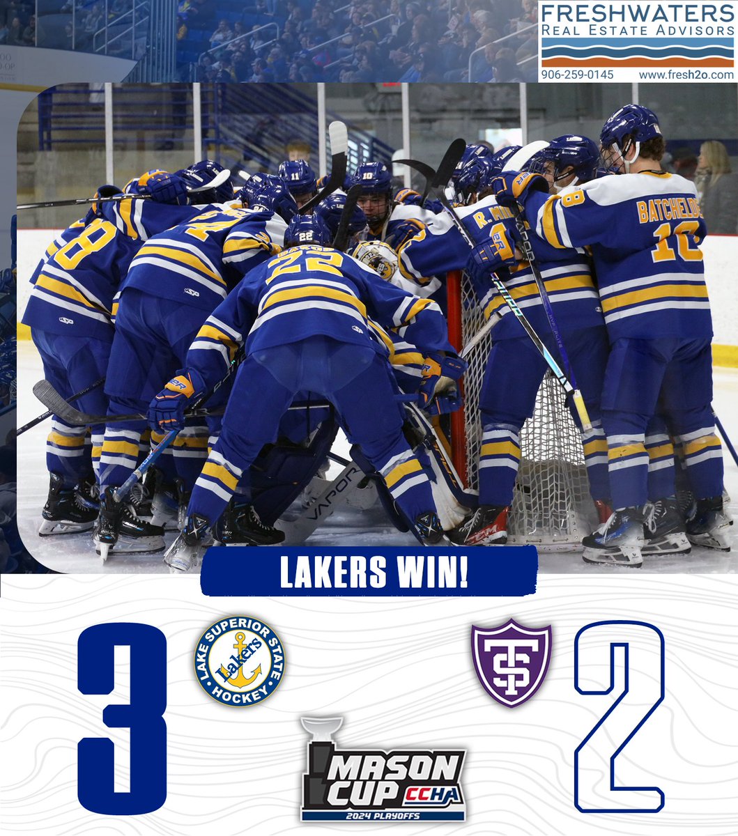 lakerhockey's tweet photo. AND WE ARE ONTO THE SEMIS! ⏩ Came down to final seconds but we came away with the 𝑽𝑰𝑪𝑻𝑶𝑹𝒀‼️

Goals: C. Milburn, R. Milburn, Tritt
SOG: LSSU 31, UST 30

Victory graphic brought to you by @Fresh2oEUP https://t.co/04sbAP2a8K