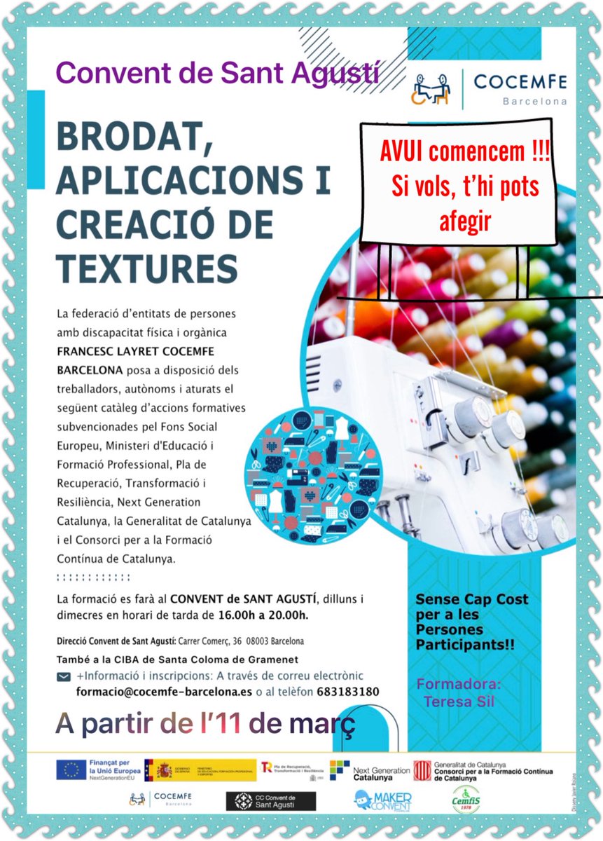 CocemfeBCN's tweet photo. AVUI comencem formació amb la col•laboració de @la_ciba i del @ConventAgusti @MakerConvent Si et vols formar en arranjaments de roba de vestir i de la llar i en #brodat i textures, encara t’hi pots afegir! Matins: La CIBA. Tardes: CONVENT DE SANT AGUSTÍ T’esperem! @nuriaparlon https://t.co/pKAiSe3Bvi