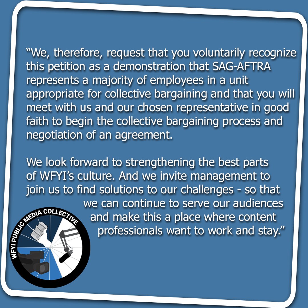 Hello, Indiana! We are the WFYI Public Media Collective. Today, we informed the management of WFYI of our intention to unionize with SAG-AFTRA. You can read the full text of that letter below. #WFYI #WFYIPublicMedia #PublicMedia #WFYIPublicMediaCollective #Indiana #Indianapolis