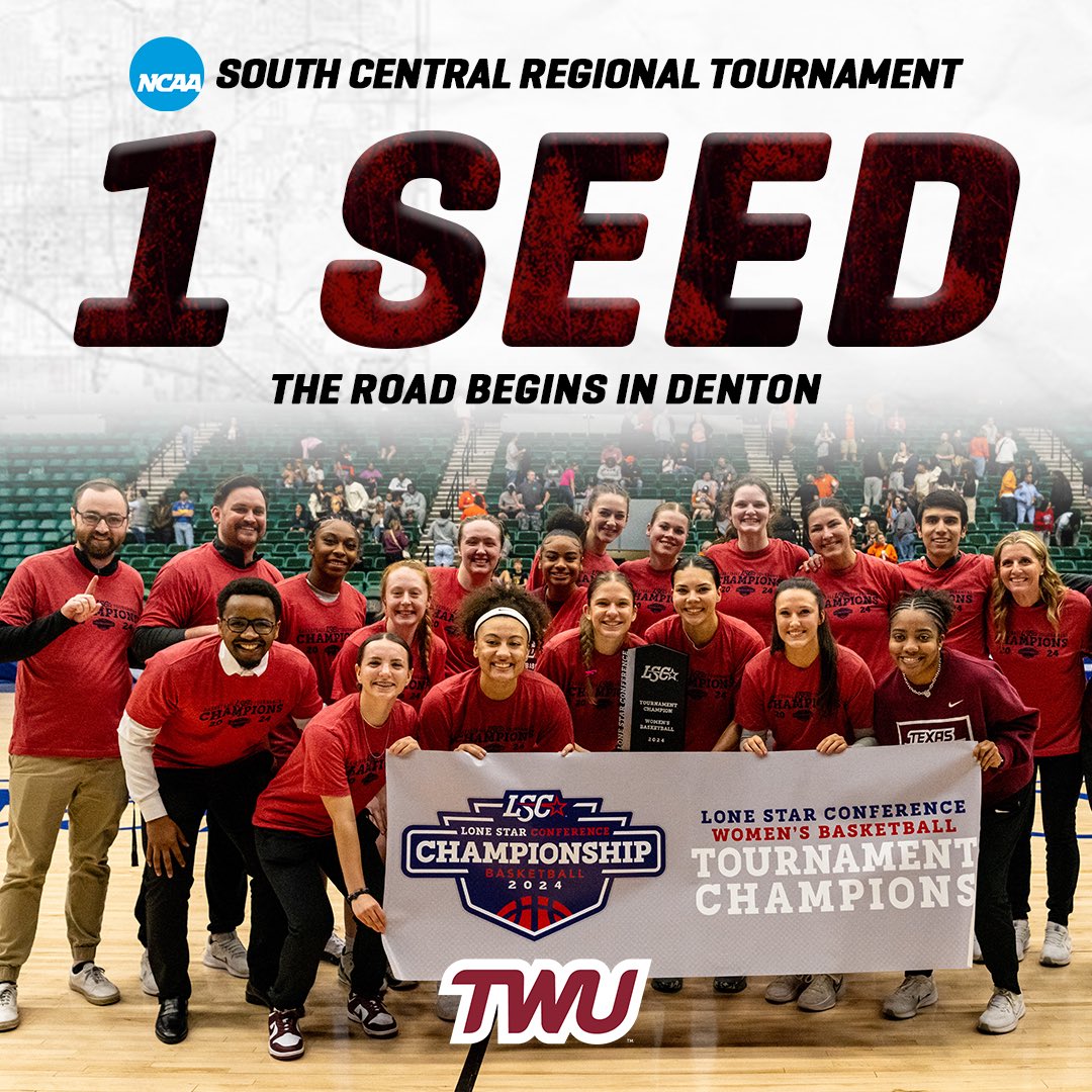 TWU_Basketball's tweet photo. 𝗧𝗛𝗘 𝗥𝗢𝗔𝗗 𝗕𝗘𝗚𝗜𝗡𝗦 𝗜𝗡 𝗗𝗘𝗡𝗧𝗢𝗡 🔥

We are the No. 1 Seed in the NCAA South Central Regional Tournament for the first time in program history! 

#PioneerProud | #CASE https://t.co/2Pn1QWCfa8
