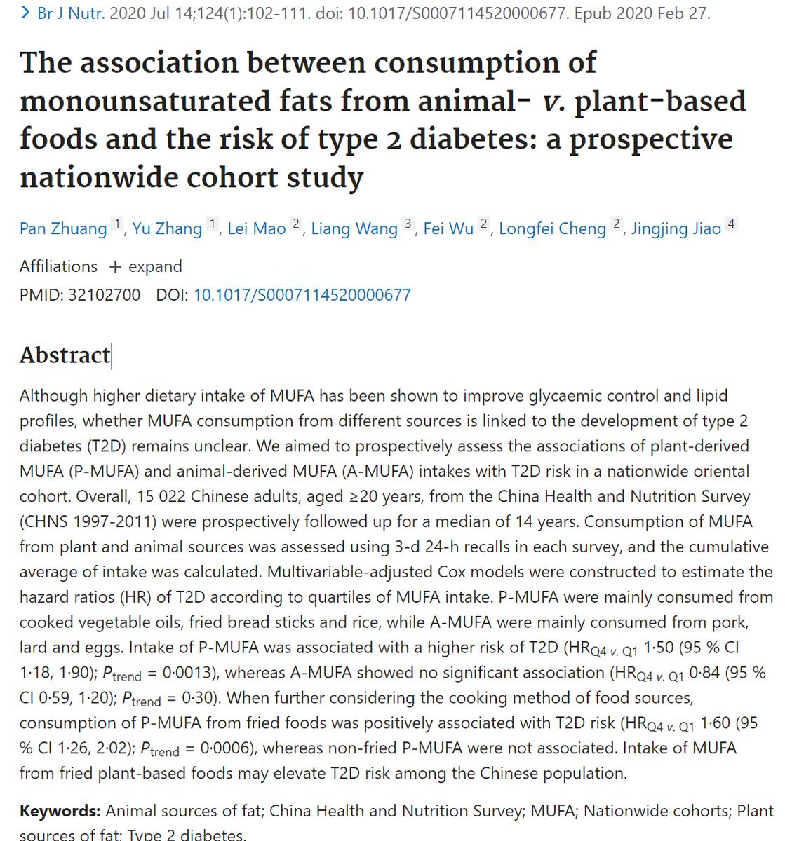 Consumption of monounsaturated fat from pork, lard and eggs was NOT associated with diabetes risk. Consumption of monounsaturated fat from plant foods (seed oils, fried bread, rice) WAS associated with increased diabetes risk. Could this be a 'causal' relationship??