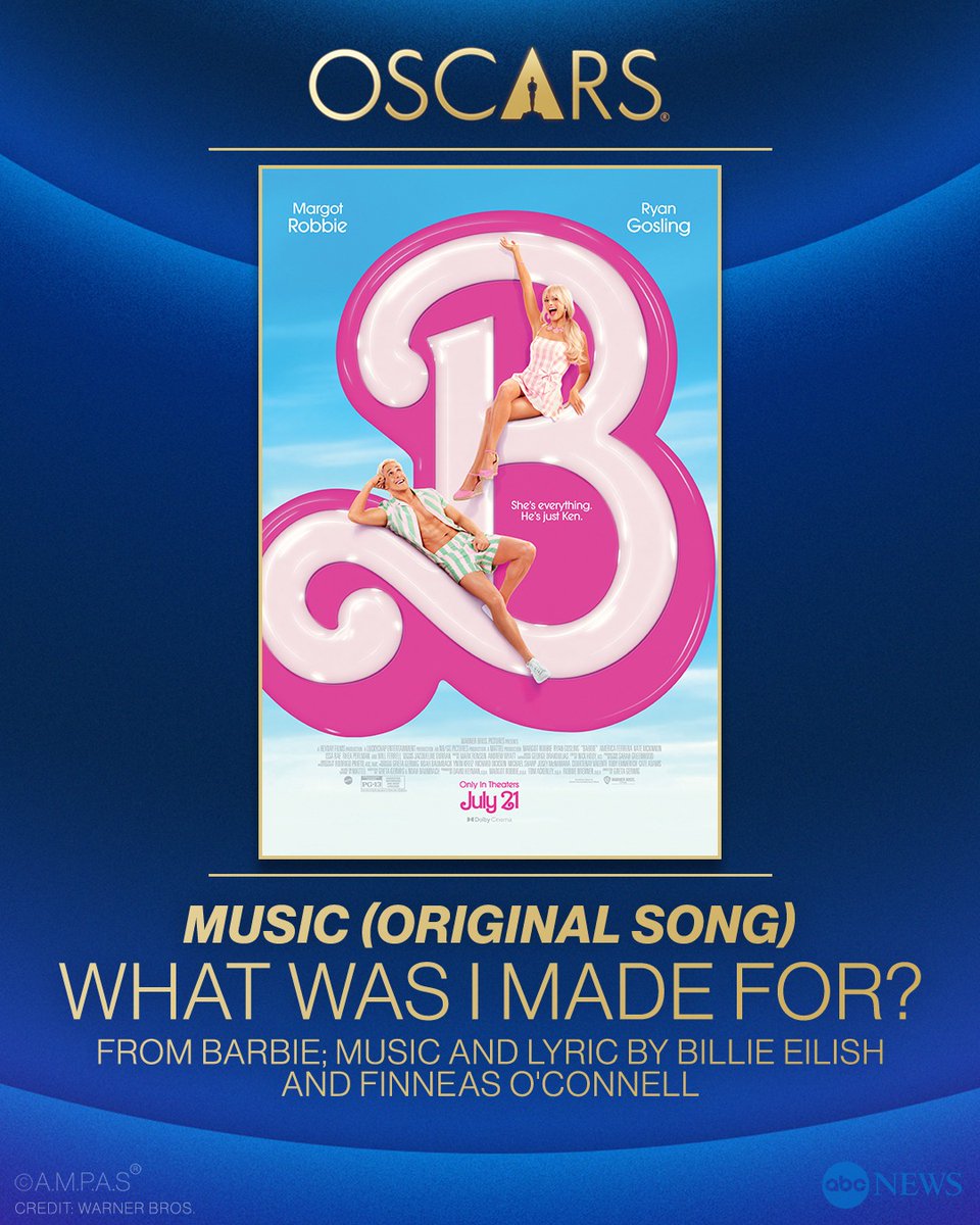 ABC News (@abc) on Twitter photo JUST IN: <a href="/TheAcademy/">The Academy</a> Award for Music, Original Song goes to "What Was I Made For?" by <a href="/billieeilish/">billie eilish</a> and <a href="/finneas/">FINNEAS</a> from <a href="/barbiethemovie/">Barbie Movie</a>. #Oscars #BarbieTheMovie
trib.al/3ACFlNW JUST IN: <a href="/TheAcademy/">The Academy</a> Award for Music, Original Song goes to "What Was I Made For?" by <a href="/billieeilish/">billie eilish</a> and <a href="/finneas/">FINNEAS</a> from <a href="/barbiethemovie/">Barbie Movie</a>. #Oscars #BarbieTheMovie
trib.al/3ACFlNW