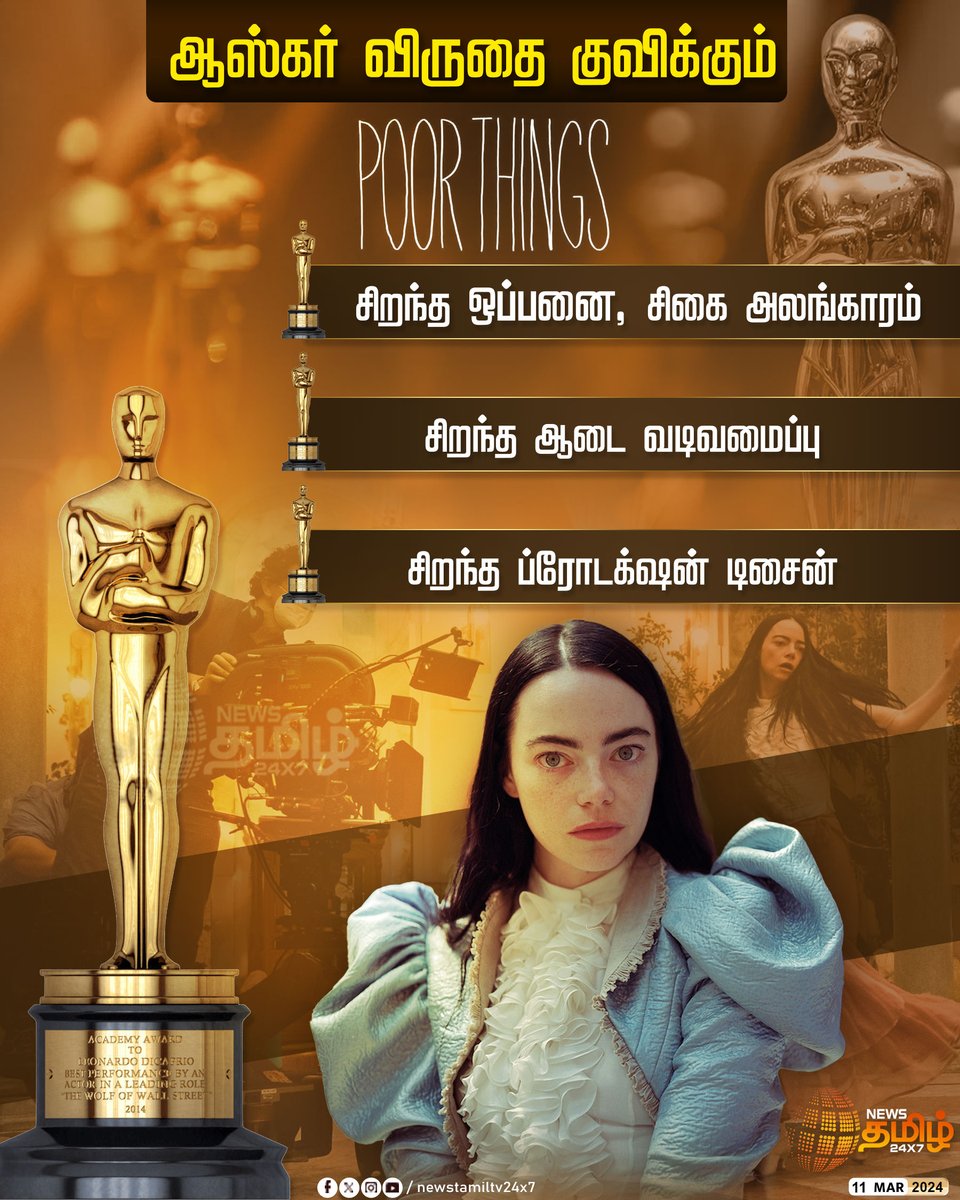 NewsTamilTV24x7's tweet photo. #NewsUpdates | ஆஸ்கர் விருதை குவிக்கும் ’Poor Things’ படம்
#NewsTamil24x7 | #PoorThings | #Oscars2024 | #BestCostumeDesign | #BestMakeup | #BestHairstyle https://t.co/bBIODJLywn