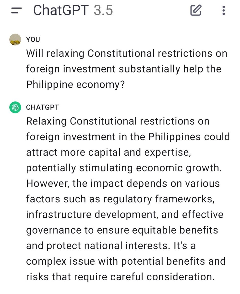 Congress had just 6 days of hearings and only plans 3 days of plenary debates on cha-cha -- because Pres. Marcos Jr and his dynastic clan already made up their mind for them? Scary how artificial intelligence can already be smarter than real idiocy.