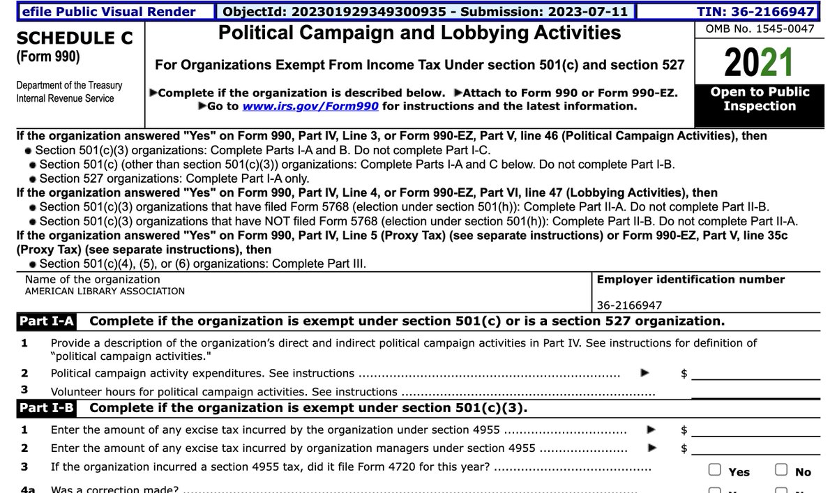 Is this Form 990 Schedule C from @ALALibrary blank to hide its political campaigning and lobbying? I’ve said EveryLibrary is a crypto ALA entity, but is this more evidence on ALA’s blank 990? #RightToReadAct

Is this fraud?

#parenting #moms #dads #tlchat #alaac24 #DefundALA
