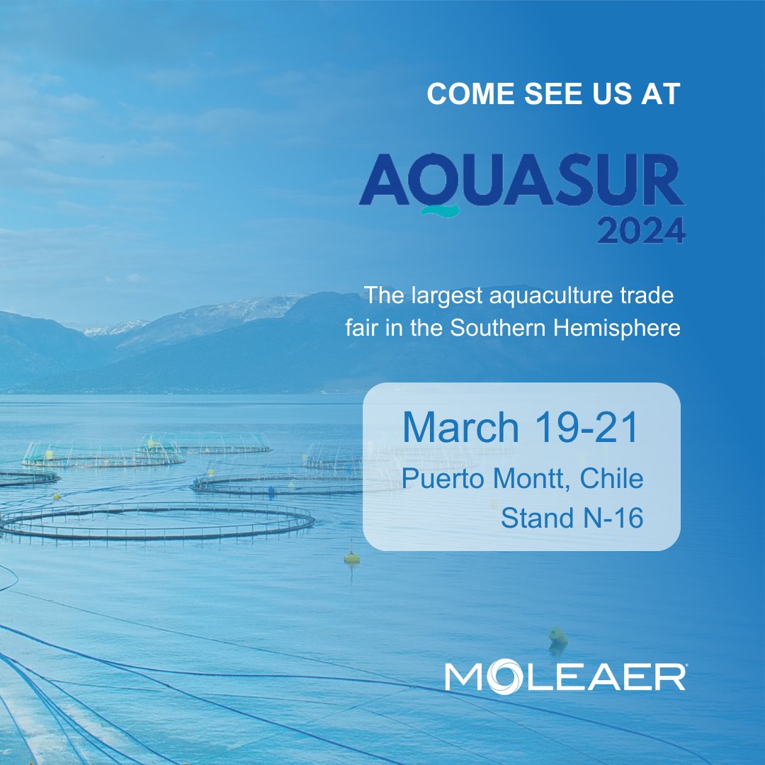 moleaer's tweet image. Join our team at AquaSur Chile, happening from March 19-21 in Puerto Montt.

Join our team at stand N-16 to learn about how #nanobubbletechnology has been shown to improve flow through #aquaculture systems by reducing #water, oxygen &amp;amp; #energy consumption.