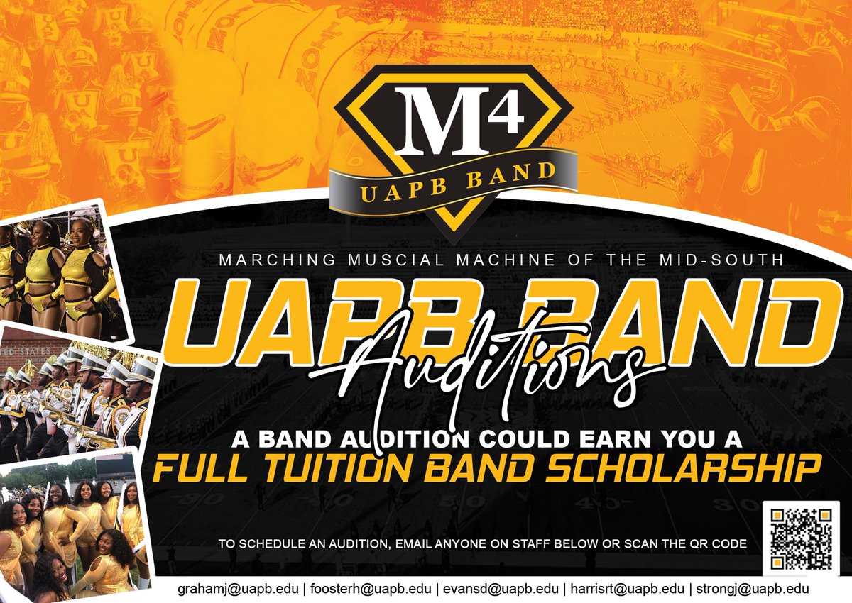 UAPBM4's tweet image. 🎶🎺 Ready to march to the beat of your own drum? Audition for UAPB’s legendary band and become part of a musical tradition like no other! 🎵✨ Whether you’re a seasoned musician or just starting out, we want to hear what you’ve got. #UAPB #UAPBBand