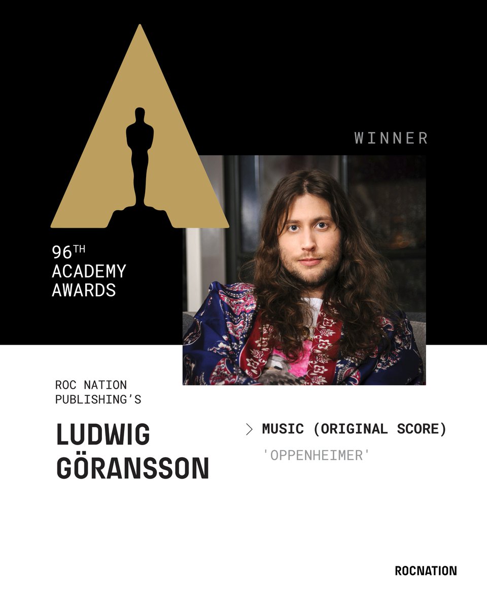 Congratulations to #RocNationPublishing's @ludwiggoransson on winning Best Music (Original Score) for 'Oppenheimer' at the 96th
@theacademy Awards #Oscars2024