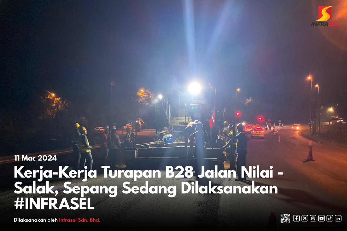 infrasel_kjp's tweet photo. #INFRASEL sedang melaksanakan kerja-kerja turapan jalan di B28 Jalan Nilai-Salak, Daerah Sepang dan dijangka selesai dalam masa terdekat.

Pengguna jalan raya di kawasan terbabit dimohon untuk memandu perlahan dan berhati-hati semasa melalui kawasan kerja #INFRASEL dijalankan. https://t.co/HL9F77n3s3
