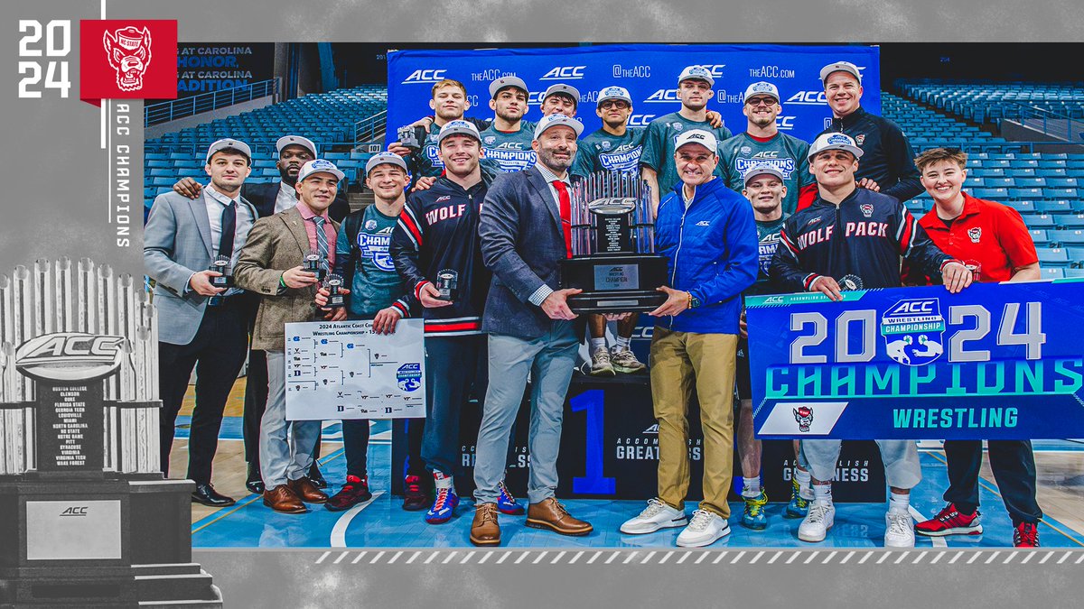 theACC's tweet photo. 𝟲 𝗦𝗧𝗥𝗔𝗜𝗚𝗛𝗧 🏆🏆🏆🏆🏆🏆

The 2024 ACC Wrestling Champions: @PackWrestle

#AccomplishGreatness https://t.co/yZGzeDYxV6