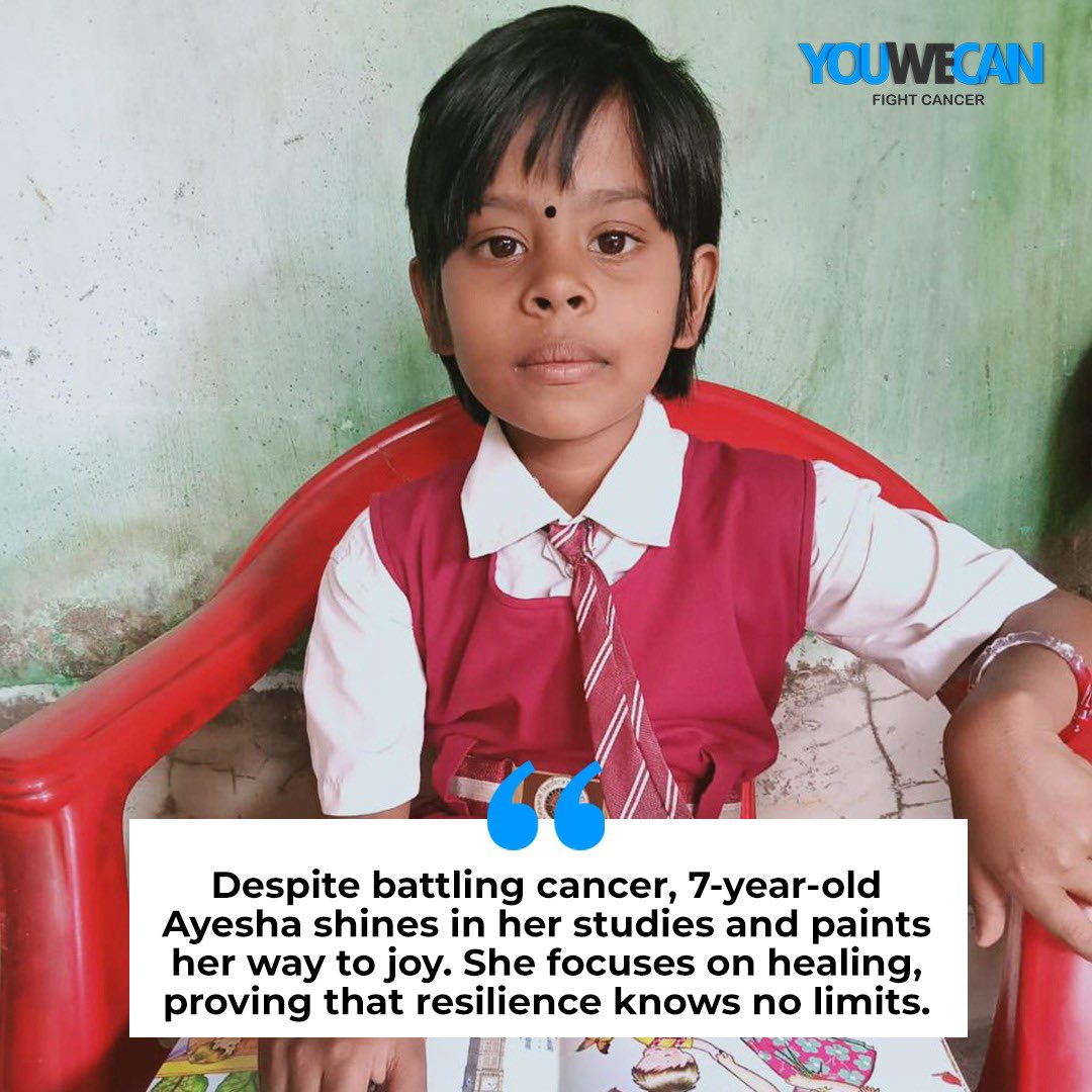 YOUWECAN's tweet photo. Meet Ayesha, a 7-year-old battling cancer but shining bright in her studies and painting her way to joy. Let her story inspire you to overcome any obstacle with resilience and positivity. 

#mondaymotivation #motivational #survivor #fightcancer #YouWeCan https://t.co/Y9gZjmShGA