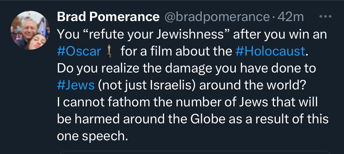 YonahLieberman's tweet photo. Absolutely sick to watch people twist Jonathan Glazer’s courageous words to make it out as if he is rejecting his Jewish identity. It’s the opposite.

He used his platform to make it clear that his Jewishness compels him to speak out against Israel’s occupation &amp; assault on Gaza. https://t.co/pNUuNsQTBX